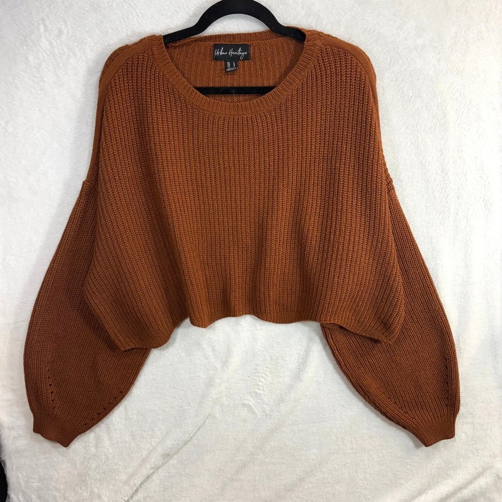 Urban Heritage L Cropped Knit Sweater Rust Brown Balloon Sleeve Cozy Oversized - Picture 4 of 12